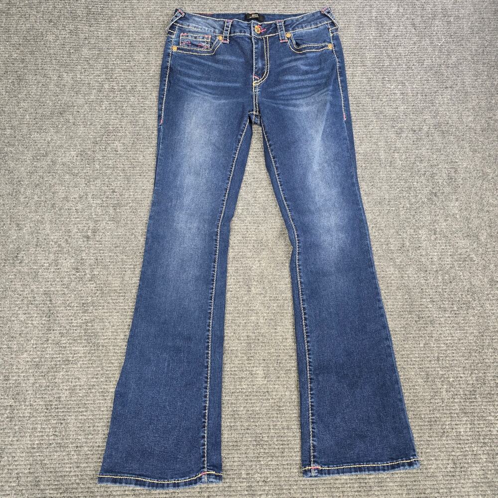 True Religion Becca Big T Bootcut Jeans Womens 30 Blue Pink Thick Stitch